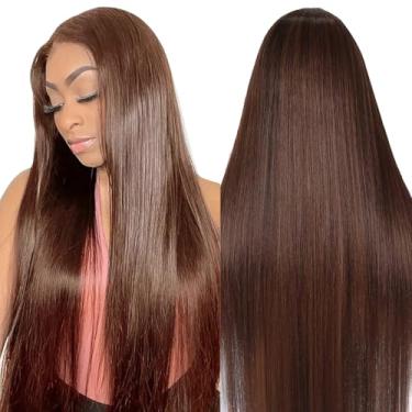 Imagem de Peruca frontal de renda marrom chocolate 71 cm 200% densidade 13 x 4 perucas de cabelo humano liso pré-arrancado linha do cabelo marrom frontal perucas de cabelo humano perucas frontais coloridas para