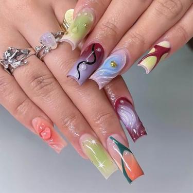 Imagem de RTKHFZE Pregos postiços de comprimento médio com ponta francesa, pregos postiços, quadrados com design de redemoinho 3D, unhas de acrílico com cobertura total, unhas adesivas para mulheres e meninas
