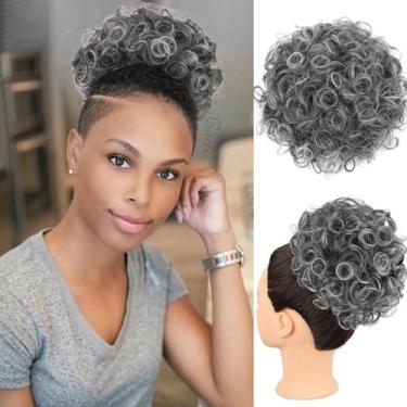 Imagem de CINHOO Pães de cabelo bagunçados para mulheres, pãezinhos de cabelo cacheado solto natural macio com clipe de extensões de cabelo cinza curto falso para coque de rabo de cavalo falso para coque de