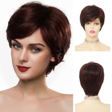 Imagem de ORAVISTA Pixie Cut Perucas sintéticas loiras onduladas profundas bob de alta densidade sem cola HD lace closure encaracolado para mulheres aparência natural (vinho vermelho)
