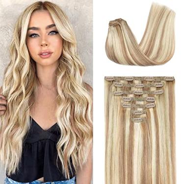 Imagem de Fimislosion Extensões de cabelo real com clipe em cabelo humano, extensões de cabelo sem costura, cabelo humano real, extensões de 55 cm para mulheres, loiro mel com alvejante loiro 120 g, 7 peças