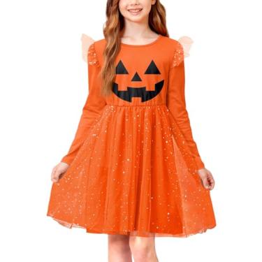 Imagem de IIMMER Vestido fofo de tule de Halloween para meninas com manga de babados e saia tutu brilhante 4-12 anos, Laranja | Abóbora, 6 Anos