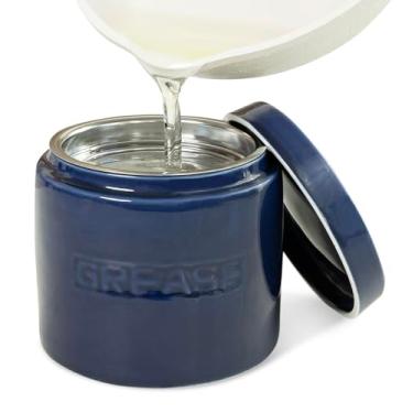 Imagem de Recipiente de óleo de graxa Bacon com filtro inoxidável Keto Paleo Bico porcelana porcelana porcelana separador de gordura 6 xícaras Capacidade 12,7 cm de largura x 11,4 cm de altura , Azul marinho