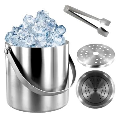 Imagem de Balde de gelo com tampa e pinça de filtro, balde de gelo isolado de aço inoxidável de parede dupla recipiente balde de gelo boa vedação acessórios de bar doméstico com capa de silicone para festas de