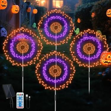 Imagem de Pacote com 4 luzes solares de Halloween à prova d'água, 8 modos 480 LEDs laranja e roxo preto luzes assustadoras com temporizador remoto para jardim, pátio, caminho, gramado, decoração de Halloween