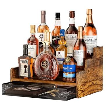Imagem de Yuzehuaza Prateleira de exibição de garrafa de licor com gaveta, prateleiras de bar de bancada em 3 degraus, organizador de xarope de café, minibar, prateleiras de armazenamento retrô para vinho e