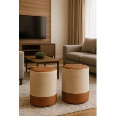 Imagem de Kit 2 Puff Plus Banquinho Redondo Decorativo em Linho Base e Tampo mat