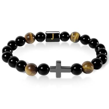 Imagem de YOTHIWAD Pulseira masculina com iniciais e letras, olho de tigre natural, contas de ônix, pulseira elástica feita à mão, presente para homens, 1 Pack, Sem Pedra Preciosa