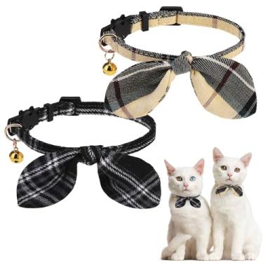 Imagem de KOOLTAIL Coleira de gato com gravata borboleta e sinos, pacote com 2 colares fofos, orelhas de coelho, design xadrez clássico com fivela de segurança ajustável para gatos pequenos e grandes, meninos e