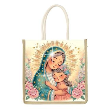 Imagem de antor Bolsa de lona de pintura de diamante DIY com design de Madonna, bolsa de mão de arte de diamante religiosa para adultos, bolsa de armazenamento de artesanato, bolsa de pintura de diamante de