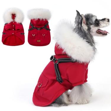 Imagem de PINA Casaco para cães pequenos, médios e grandes, jaqueta de inverno impermeável para cães com arnês embutido, casaco de inverno para cães com capuz de pelúcia, casaco de lã quente à prova de vento