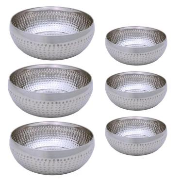 Imagem de Kit 6 Saladeiras Tigela Bowl Inox Martelado 18 E 25Cm