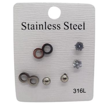 Imagem de Kit 3 Par de Brincos Metal infinito, Pedra e bolinha - Aço Inoxidavel 