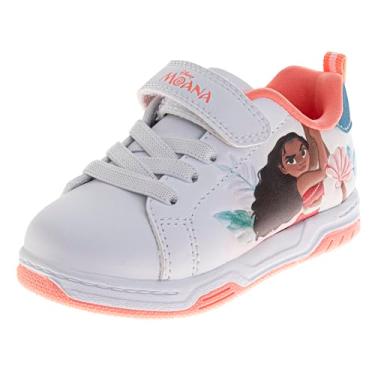 Imagem de Disney Princess Moana Tênis escolar Pua HeiHei com alça casual para meninas pequenas, Branco - Laranja, 12 Little Kid