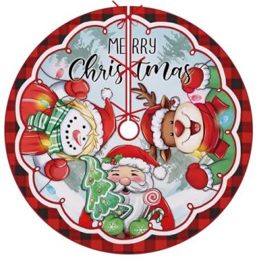 Imagem de Fzbali Saia para árvore de Natal, 121 cm com cadarço, Papai Noel, boneco de neve, rena, árvore de Natal, Natal, Natal, Férias, Búfalo, xadrez, festa, decoração de casa, decoração de casa