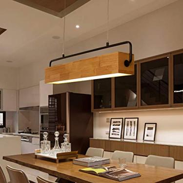 Imagem de Luminária pendente de teto LED de madeira para sala de jantar, retangular, design elegante, luminária pendente moderna para sala de estar, quarto, lustre ajustável em altura, preta, lâmpada
