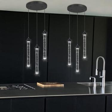 Imagem de Lustre pendente moderno de cristal preto com 3 luzes, ajustável, regulável, de teto LED para cozinha, ilha, sala de jantar, quarto, iluminação de 2700K e 6000K.