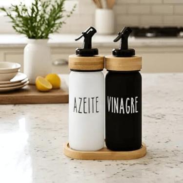 Imagem de Galheteiro Azeiteiro Vinagreiro Branco Preto Doha Vidro Bambu 220ml Vinagre Azeite