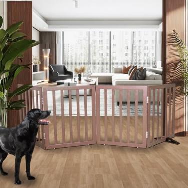 Imagem de SFJC Portão interno para cães, cerca independente para casa, portas, corredores ou escadas, portão para animais de estimação dobrável de madeira, expansível 61 cm de altura, 4 painéis, marrom