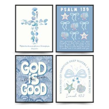 Imagem de ETVISO Arte de parede cristã costeira azul com citação das escrituras de concha do mar, conjunto de 4, fotos de decoração de parede, neta, religião, para decoração de sala de estar, quarto, casa, 20 x