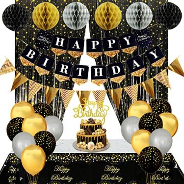Imagem de Decorações de aniversário preto e dourado com banner de feliz aniversário, toalha de mesa, cortinas de franjas de alumínio, bolas de colmeia de mel, decorações de feliz aniversário para homens e mulheres