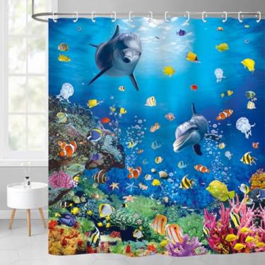 Imagem de ZXMBF Cortina de chuveiro oceano mundo subaquático golfinho peixes tropicais coloridos coral no fundo do mar recife banheiro decoração de banheira tecido impermeável 182x198 cm com gancho de plástico