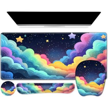 Imagem de Mouse pad com suporte de pulso, conjunto 4 em 1, 2GG grande jogo mousepad + teclado descanso de pulso + base para descanso de pulso + porta-copos tapete de jogos para casa, escritório, trabalho