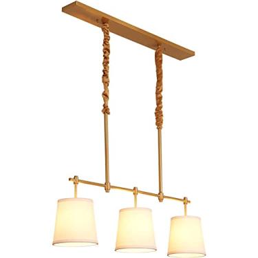 Imagem de YQSLQZZ Lustre de latão de 3 luzes para sala de jantar com sombra de tecido, luminária pendente rústica europeia, lustres modernos dourados pendurados acima da mesa de jantar, altura ajustável