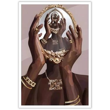 Imagem de Pôster moderno de menina negra afro-americana arte de parede em tela Myself In The Mirror imagens estéticas pinturas abstratas para sala de estar quarto escritório decoração de parede 30 x 40 cm sem