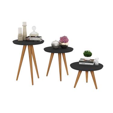 Imagem de jogo 3 mesas retrô pés palito, centro, lateral e apoio glass prime - preto - Comprar Moveis em Casa
