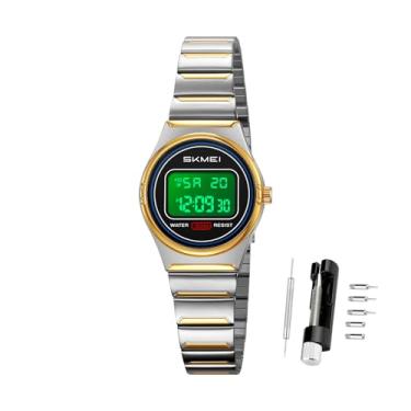 Imagem de SKMEI Relógios digitais femininos elegantes à prova d'água, moda feminina, relógio de pulso de aço inoxidável com luz LED, Prateado, dourado