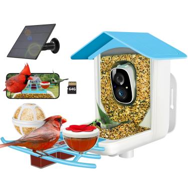 Imagem de Alimentador de pássaros com câmera, alimentado por energia solar, cartão SD 64G, conectividade sem fio WiFi 2,4 G