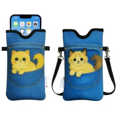 Imagem de Tainada Bolsa de neoprene masculina e feminina com alça transversal/cordão de pescoço para iPhone 16/15/14 Pro Max, 16/15/14 Plus, Samsung S25, A55, Google Pixel 9 (jeans gatos)