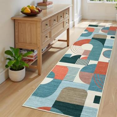 Imagem de Tapetes de corrida 5 x 15 cm, estampa geométrica boho, lavável, corredor de entrada, tapete de entrada longo, macio, de pelo baixo, antiderrapante, tapete de cozinha para quarto, lavanderia, azul