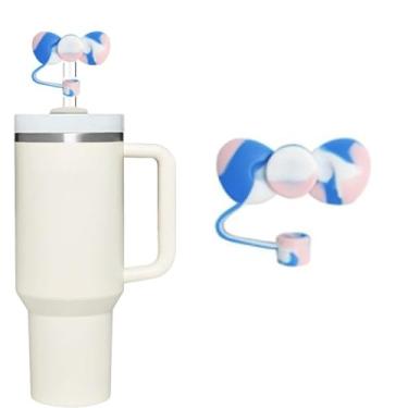 Imagem de Capa de palha de silicone com laço azul rosa para tampas de palha de 10 mm para acessórios de copo Stanley, bonito topo de palha para copos tampa de palha para tampas de ponta de canudos reutilizáveis