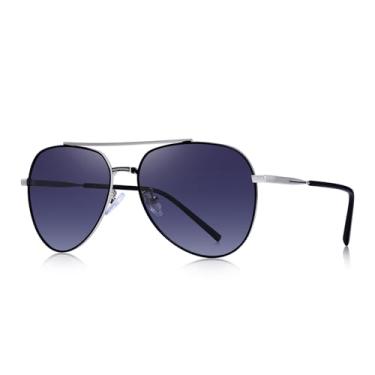 Imagem de Óculos de sol vintage polarizados clássicos estilo militar unissex polarizados para homens/mulheres, Armação prateada e preta/lente gradiente cinza/dobradiça vermelha, Lens Width: 60 Millimeters