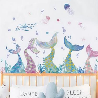 Imagem de 2 folhas de decalques de parede cauda de sereia gigante 90 cm x 30 cm sob o mar Sereia Bolha de Algas Marinhas Adesivos de Parede Adesivos de Parede Filme Papel de Parede Bebê Quarto Meninas Decoração