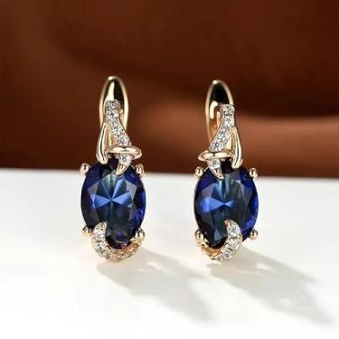 Imagem de Brincos femininos elegantes de cristal azul, brincos pendentes de corte oval com tom dourado e detalhes de zircônia cúbica, joias modernas simples para uso diário ou formal, One size, Metal, Sem pedra