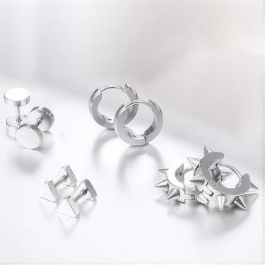 Imagem de 4 brincos de argola masculinos/1 par de brincos de orelha hipoalergênicos pequenos brincos góticos legais, One Size, Aço inoxidável, Sem pedra preciosa
