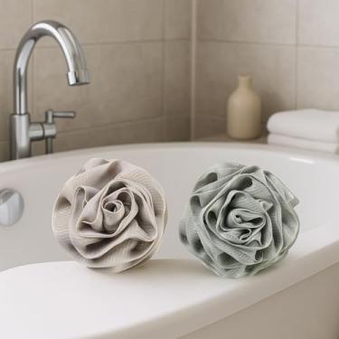 Imagem de Esponja de banho 2 peças para chuveiro, 50 g de bucha para mulheres, pufe de malha macia Scrunchies para banho - limpeza diária, cáqui + cinza