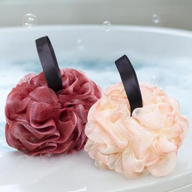 Imagem de 2 esponjas de banho, bola de pufe de bucha de chuveiro de 50 g, bucha de malha macia para mulheres, acessórios essenciais de banho esfoliantes para pufe, vermelho + rosa