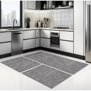 Imagem de Kit Tapete de Cozinha 3 Peças Luxo em Algodão Lavável – 2 Tapetes + 1 Passadeira Antiderrapante e Confortável (PRETO)