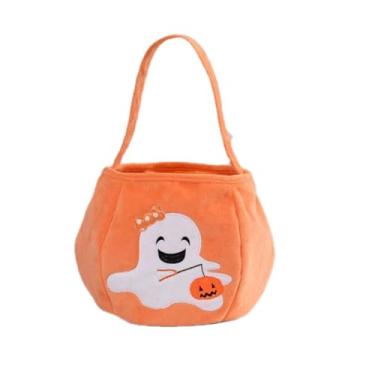 Imagem de OneCut Cesta de doces Halloween Ghost Trick or Treat, bolsa de pelúcia laranja com design de fantasma sorridente (branca)