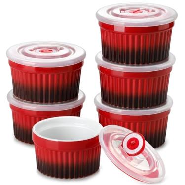 Imagem de vancasso Ramekins de 227 g com tampa, pratos de suflê de creme brulee de porcelana, copos de pudim vermelho para assar, pode ir à lava-louças e ao forno, conjunto de 6