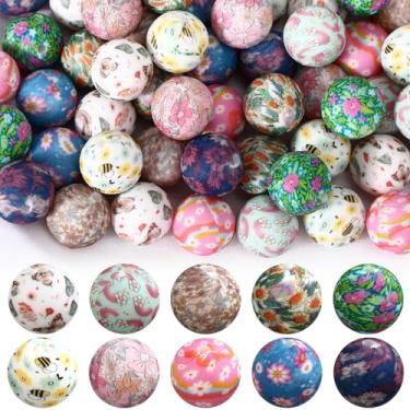 Imagem de Ferreve 60 contas de silicone de 15 mm a granel com estampa floral redonda focal contas de borracha DIY contas soltas de silicone para kit de fabricação de pulseiras para chaveiros, canetas, colar