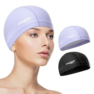 Imagem de COOLMATE Pacote com 2 toucas de natação de tecido para mulheres adultas e homens, camada de silicone resistente à água, touca de natação de tecido presentes para nadadoras, leve e confortável (2 peças