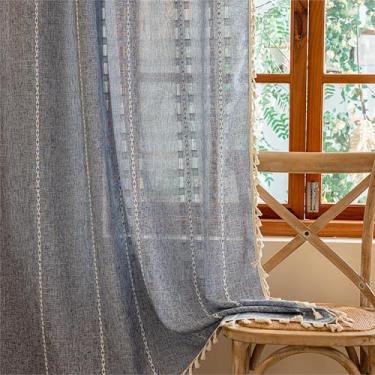 Imagem de Cortinas transparentes azuis Boho 183 cm de comprimento, 2 painéis para quarto, filtragem de luz, semitransparente, boêmia, francês, country, privacidade, borlas, bordadas, vintage, chique, cortinas