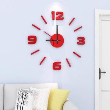 Imagem de Relógio de parede 3D DIY espelho relógio criativo acrílico adesivos de parede decoração de sala de estar casa agulha de quartzo (vermelho)