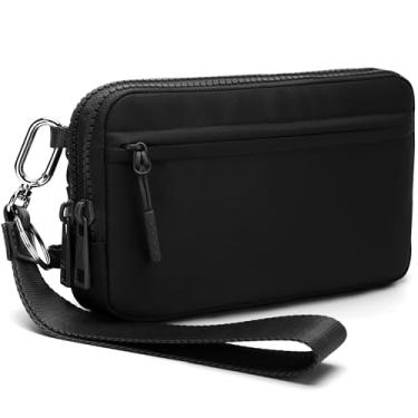 Imagem de hibear Carteiras femininas quadriculadas com janela para identidade, pequena bolsa transversal de nylon, linda bolsa de pulso com 4 zíperes, W-pure black