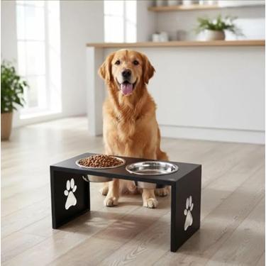 Imagem de Comedouro Elevado Duplo para Cães Grandes, Alumínio com Pintura Eletrostática, Tigelas Removíveis em Aço Inox, Pés Antiderrapantes (preto)